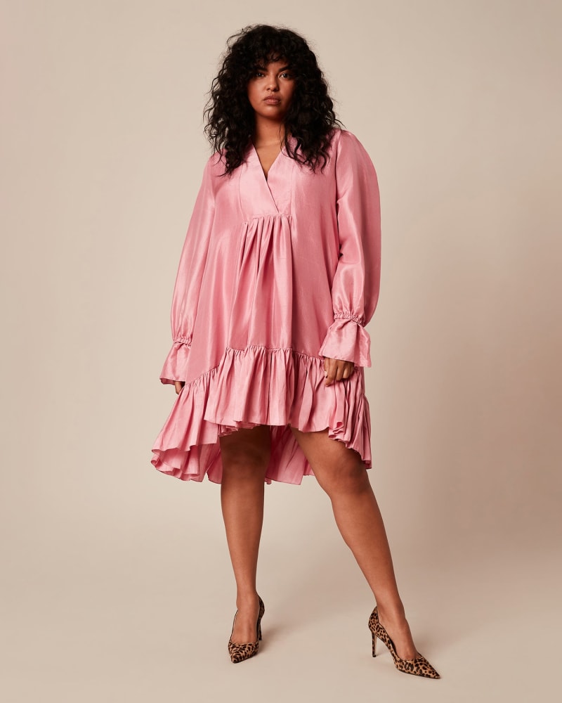 Front of a model wearing a size 1X Silk Thistle Dress in Pink by Azeeza. | dia_product_style_image_id:219179